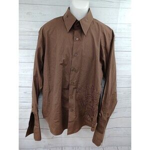 Manzini Brown Dress Shirt Mens XL Button Front French Cuff Embroidery Eagle